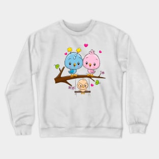 A cute family of birds on a branch. Crewneck Sweatshirt